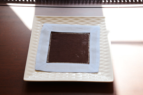 Multicolor Hemstitch Cocktail Napkin 6". Chocolate & Light Blue - Click Image to Close